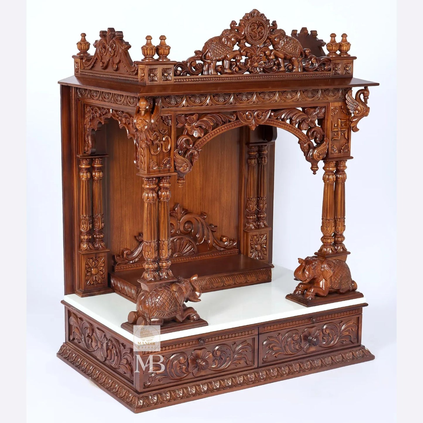 Handcrafted carved wooden pooja mandir with storage drawers
