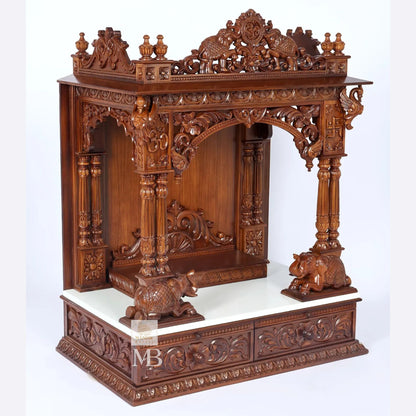 Handcrafted carved wooden pooja mandir with storage drawers