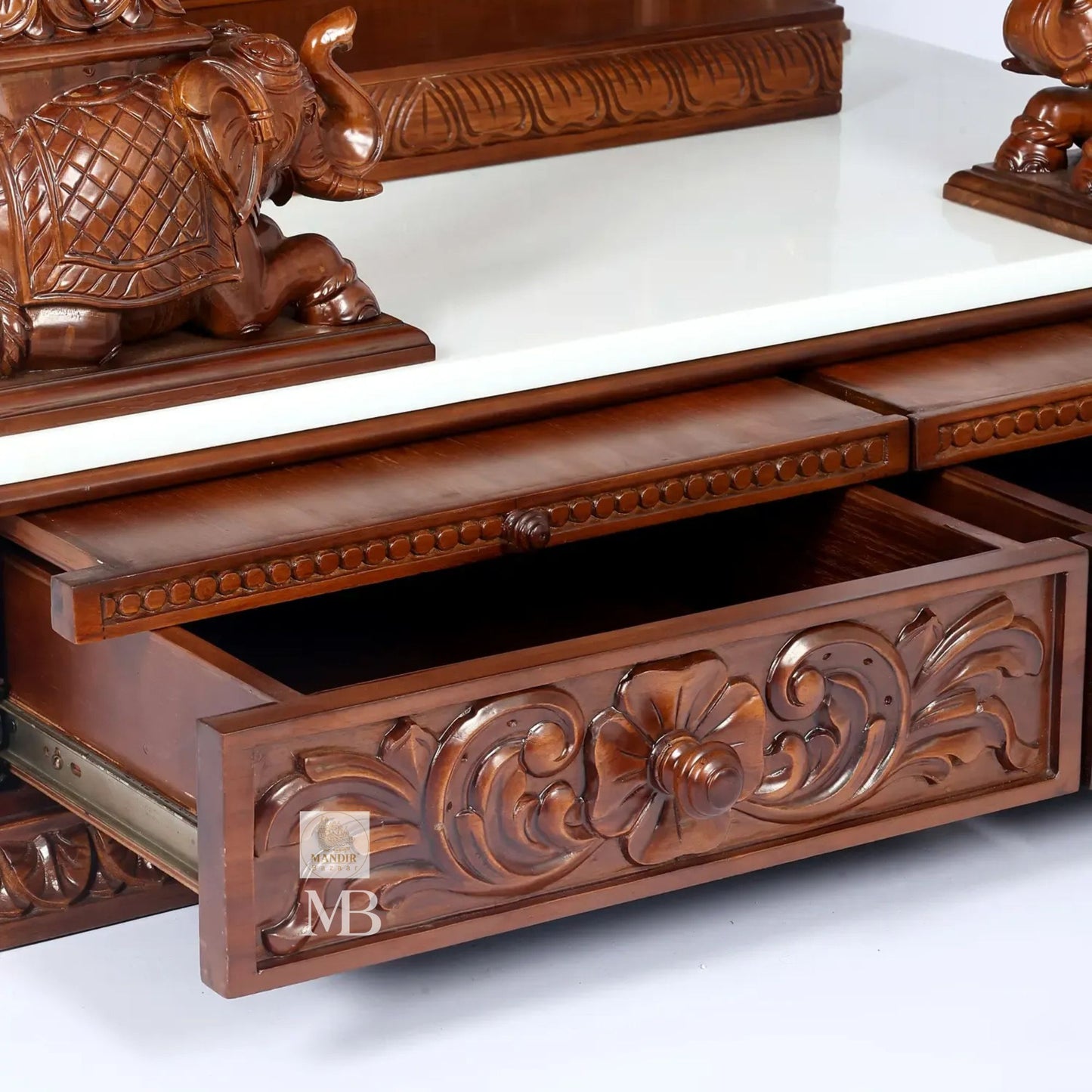 Handcrafted carved wooden pooja mandir with storage drawers