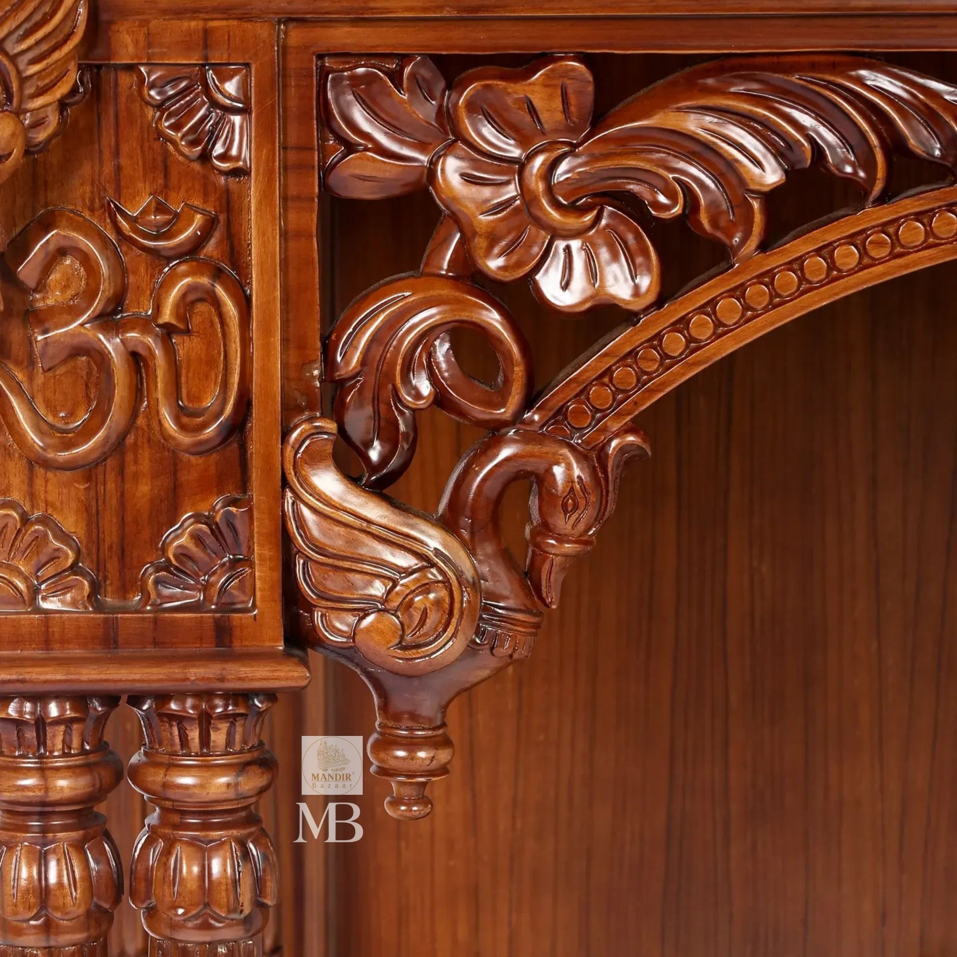 Handcrafted carved wooden pooja mandir with storage drawers