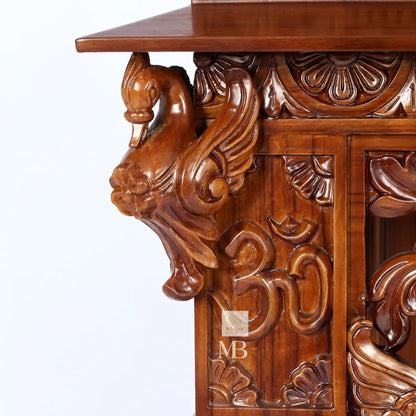 Handcrafted carved wooden pooja mandir with storage drawers