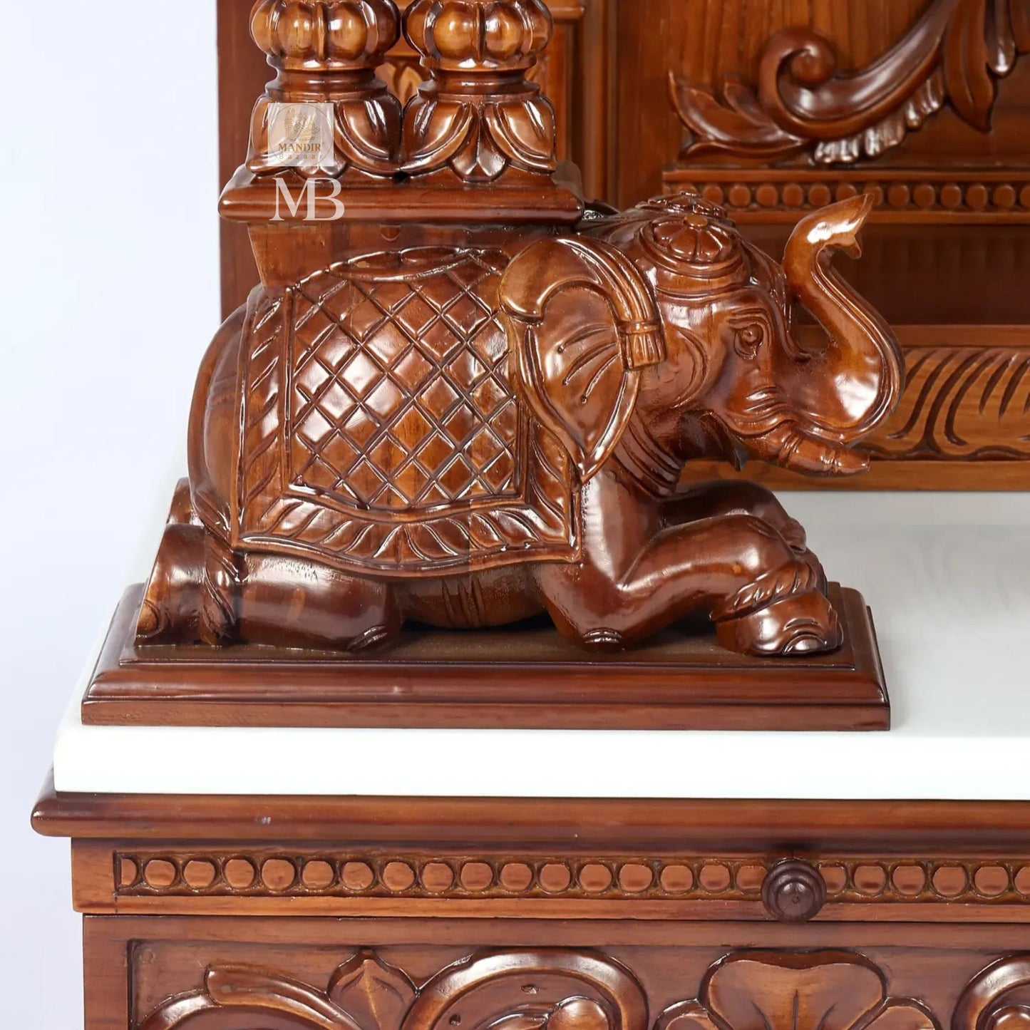 Handcrafted carved wooden pooja mandir with storage drawers