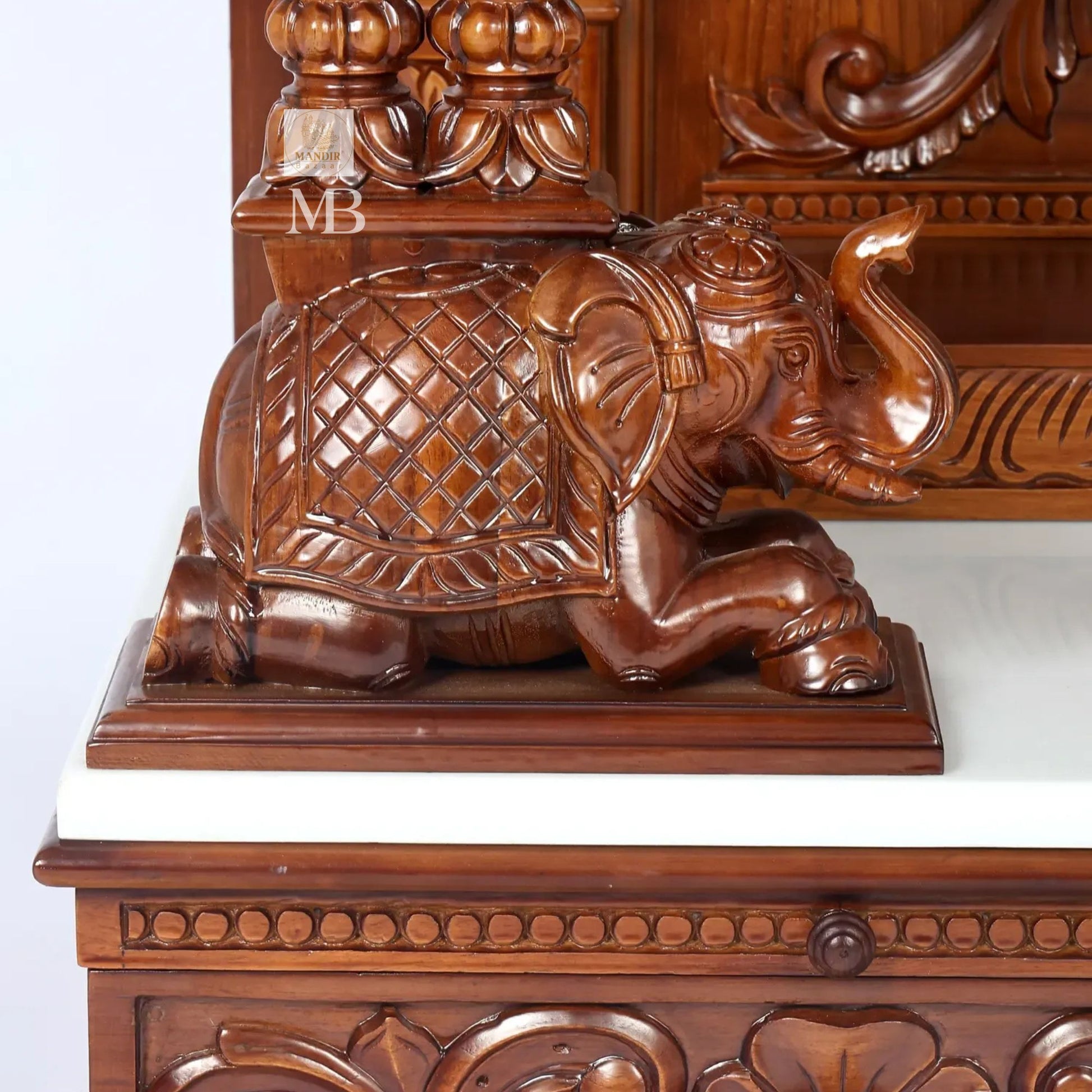 Handcrafted carved wooden pooja mandir with storage drawers