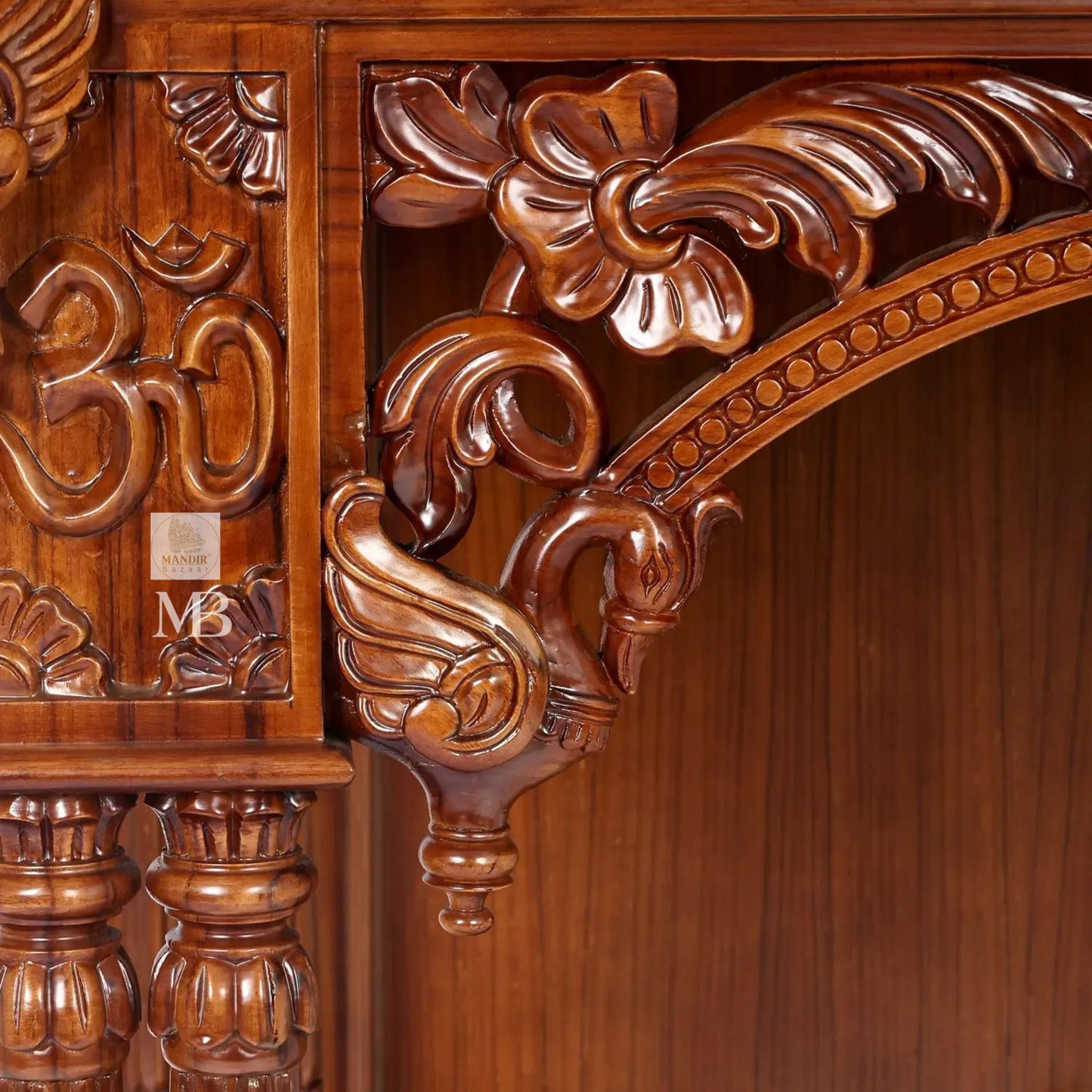 Handcrafted carved wooden pooja mandir with storage drawers
