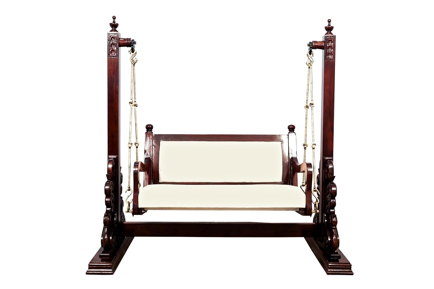 Brown polish teak wood swing with cushioned seating