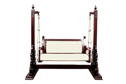 Brown polish teak wood swing with cushioned seating