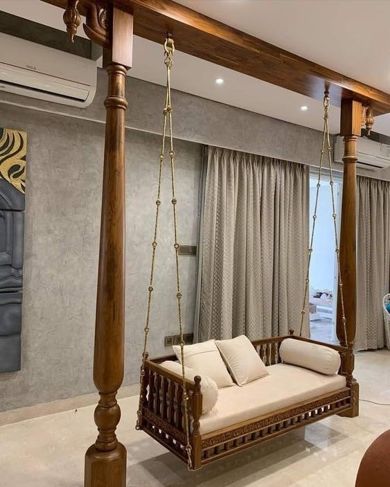 2 seater teak wood swing with elegant walnut finish