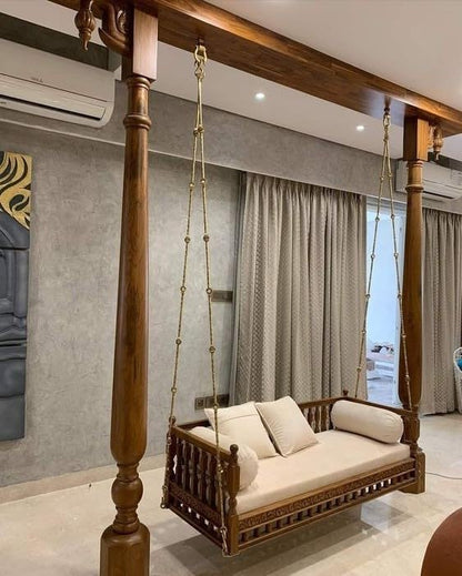 2 seater teak wood swing with elegant walnut finish