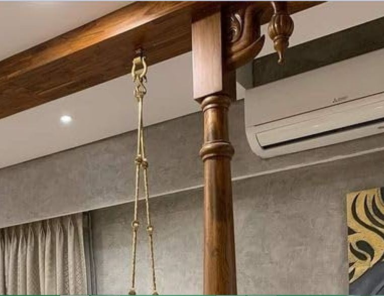 Teak wood Jhula with pure brass chains and peacock detailing