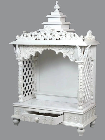 Large white wooden pooja mandir with teakwood and marble