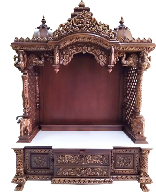 Large handcrafted wooden temple for home with traditional pooja mandir design