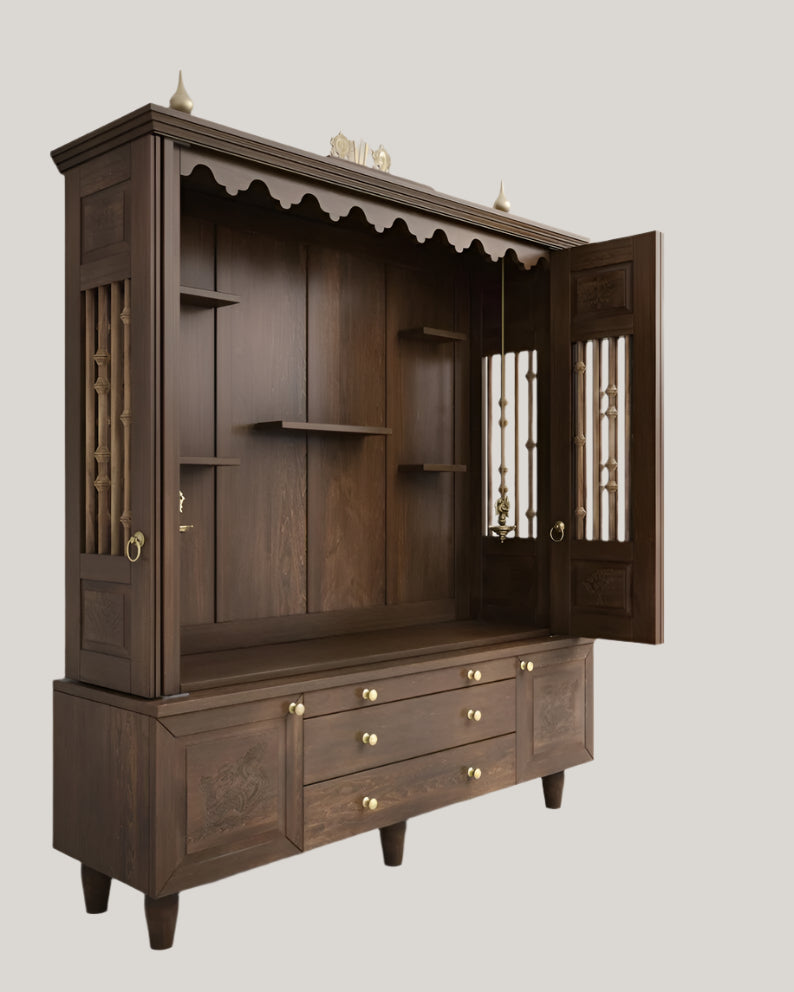 Mocha brown wooden home temple with brass hanging lamps