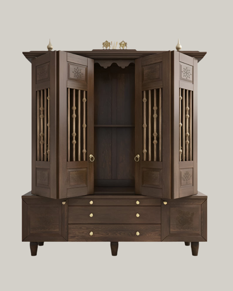 Mocha brown wooden home temple with brass hanging lamps