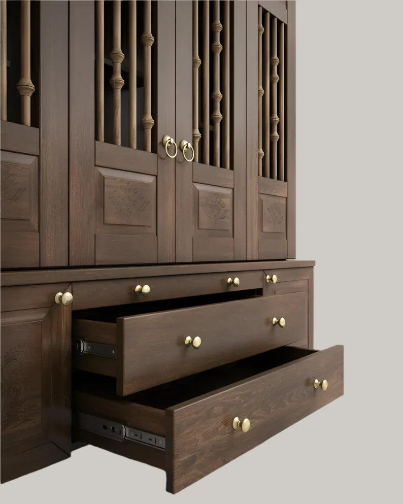 Large solid wood pooja mandir with storage drawers