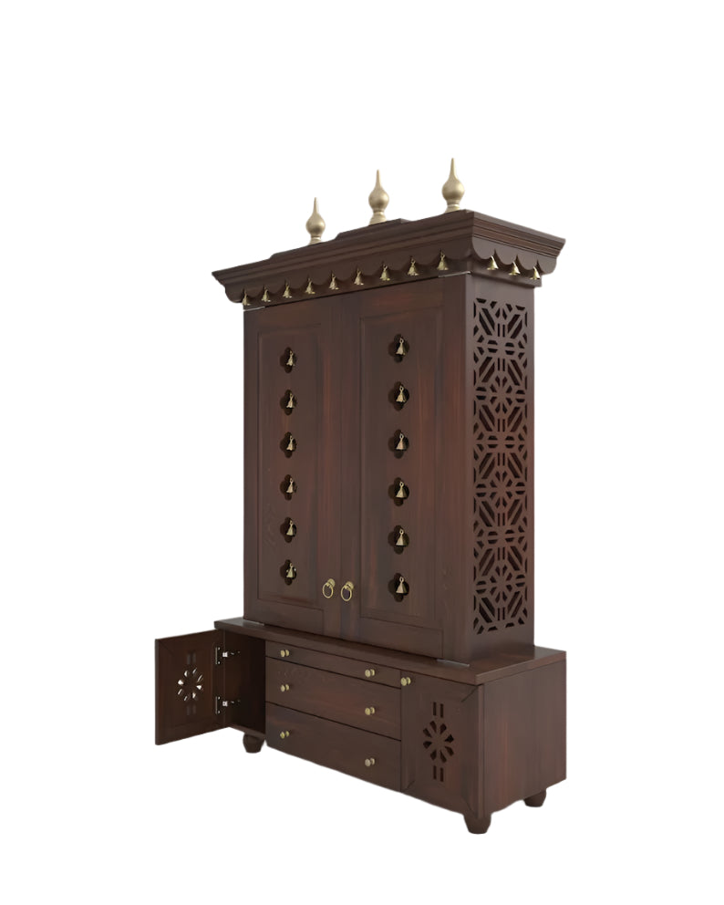 Handmade wooden mandir with drawers and storage