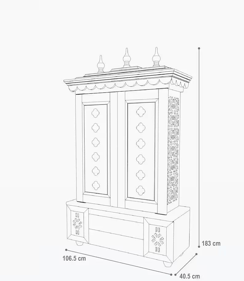 Wooden pooja mandir with brass hanging lamps