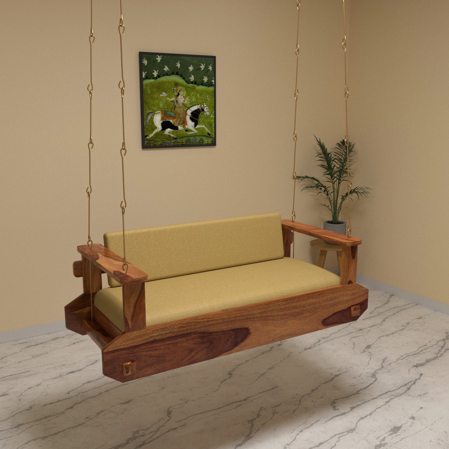 Majestic montage style handmade wooden swing with soft upholstery
