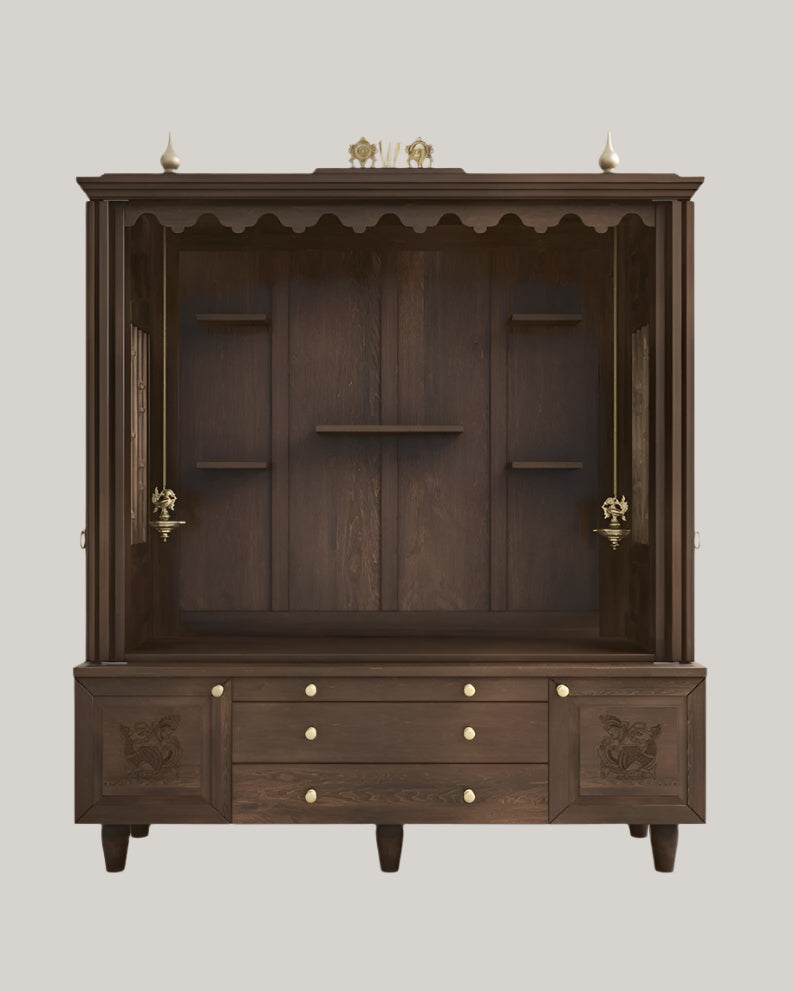 Wooden temple with bifold shutters and turned rod panels