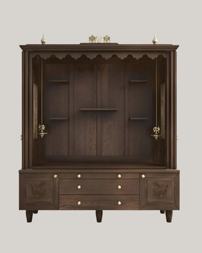 Wooden temple with bifold shutters and turned rod panels