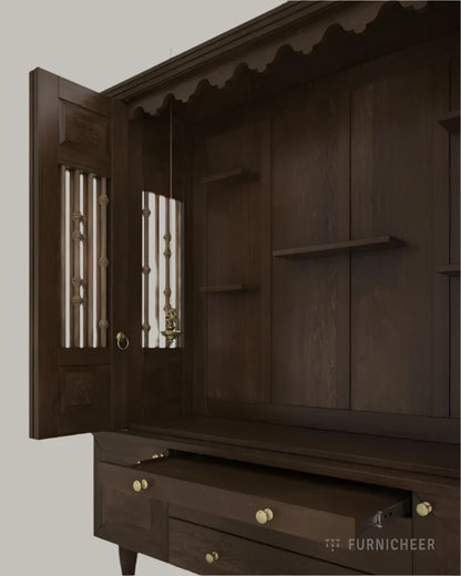 Wooden temple with bifold shutters and turned rod panels
