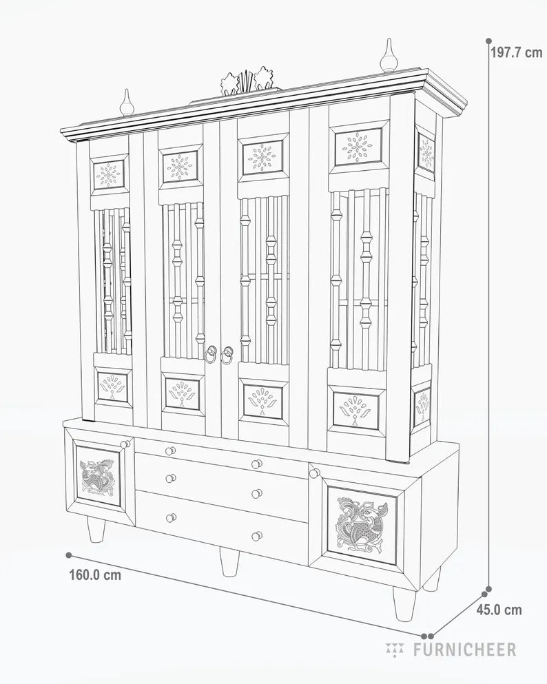 Wooden temple with bifold shutters and turned rod panels
