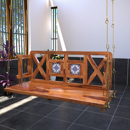 Modern castle style handmade wooden swing with decorative tile detailing