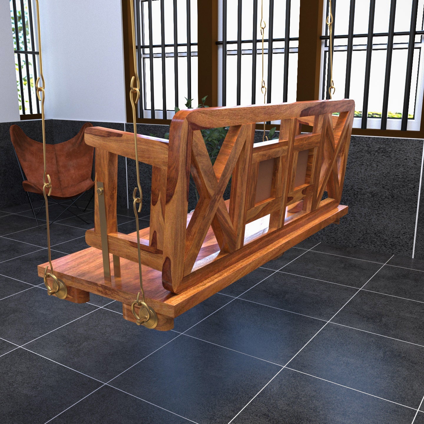 Handcrafted modern wooden jhula with castle style tile design