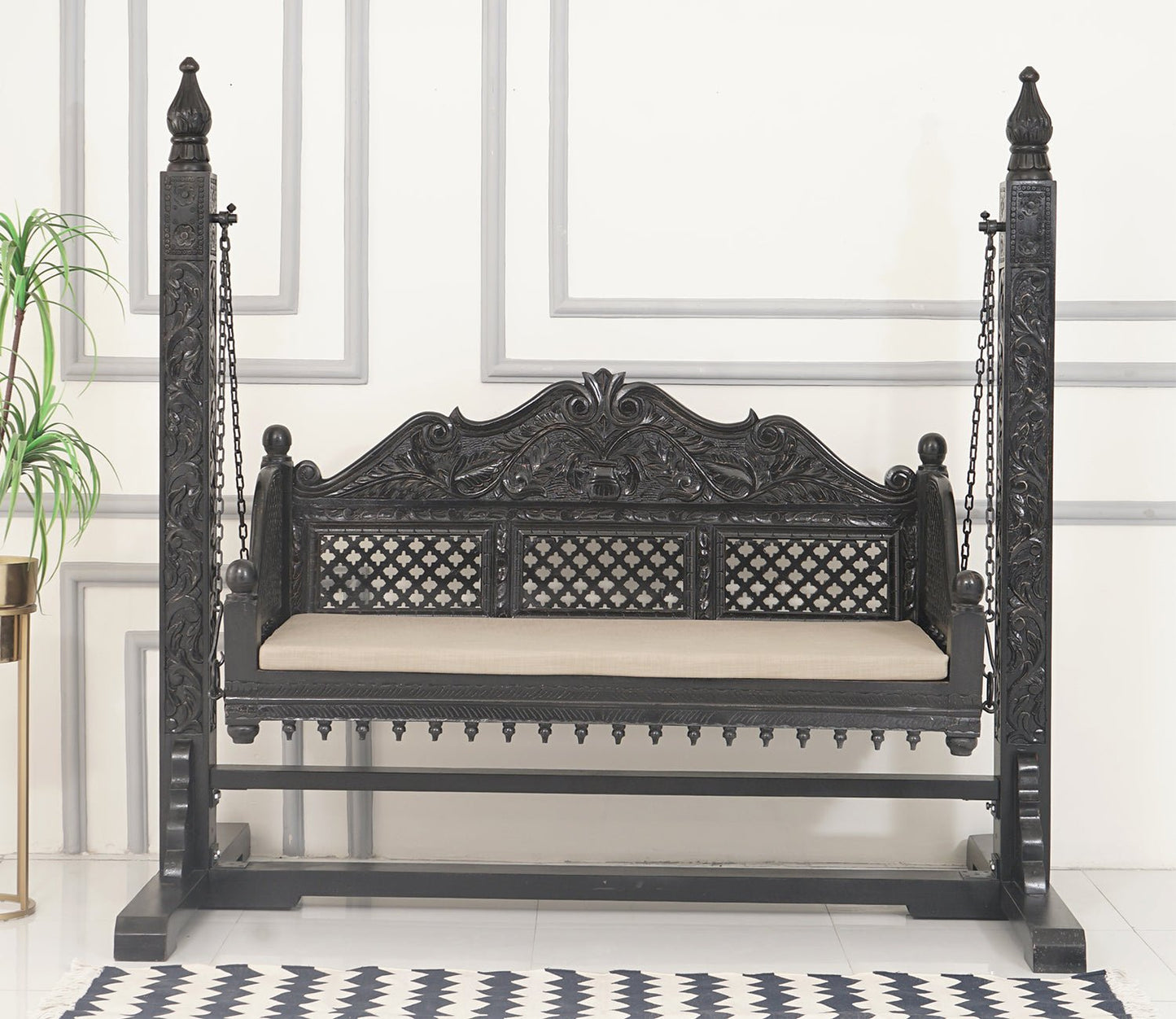Modern mango wood 2 seater swing chair in black finish