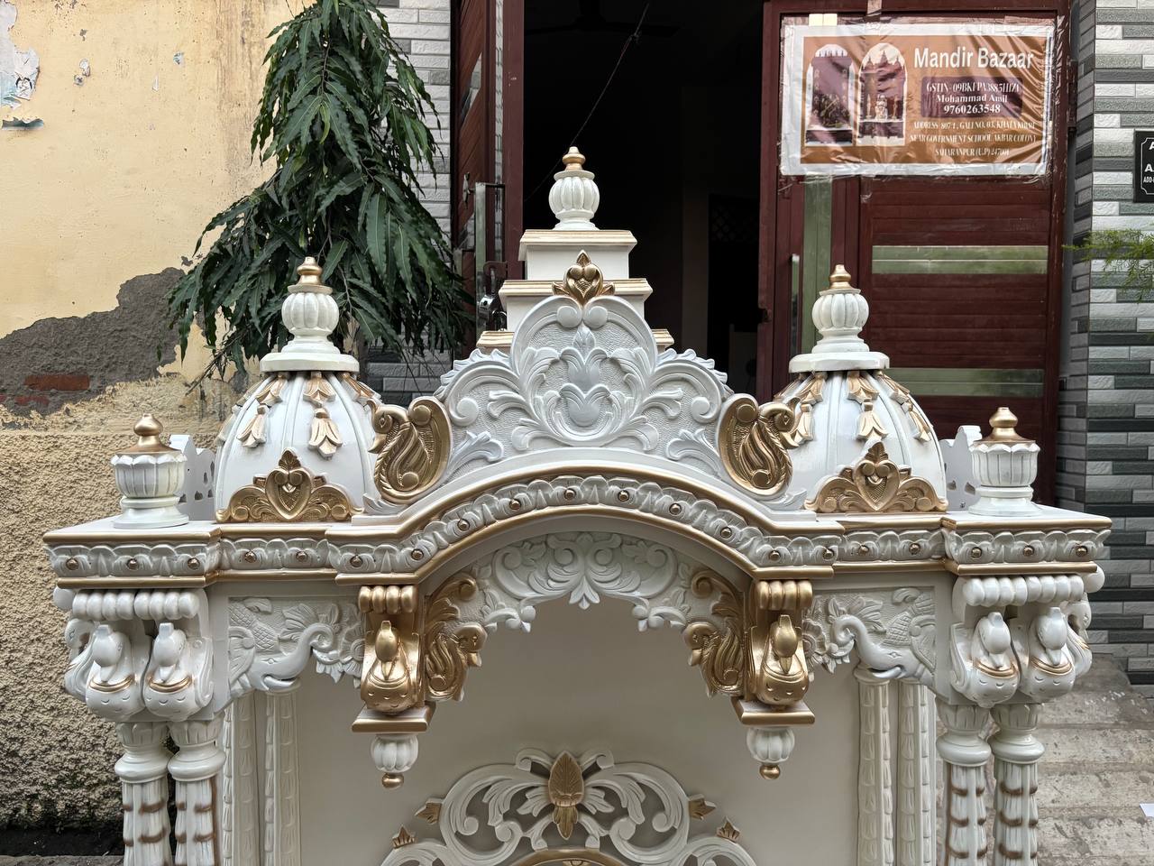Handcrafted Wooden Temple – White & Gold Finish | Large Floor-Standing Pooja Mandir for Home