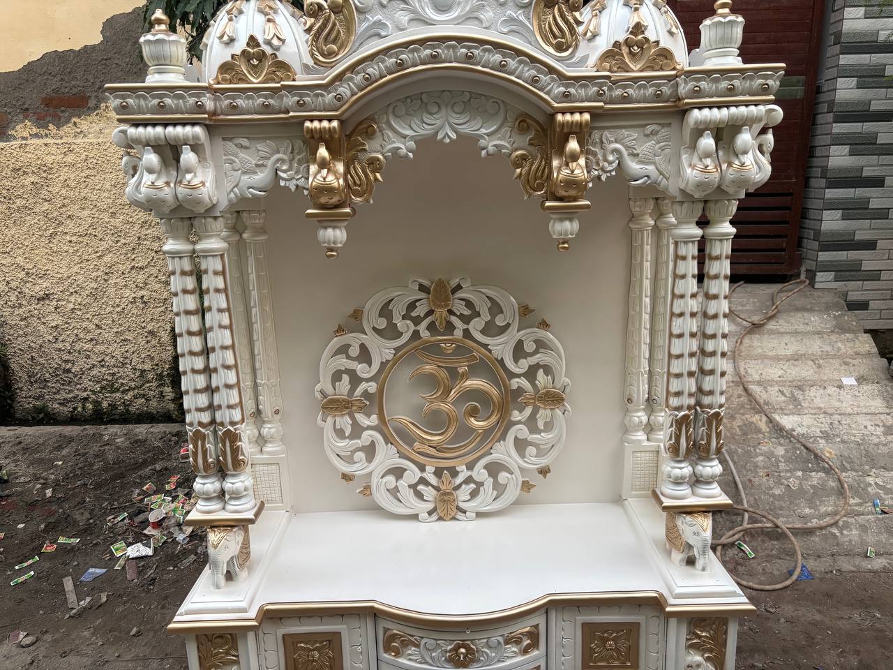 Handcrafted Wooden Temple – White & Gold Finish | Large Floor-Standing Pooja Mandir for Home