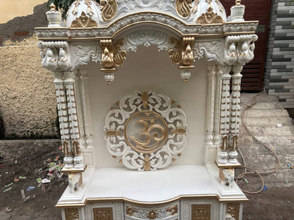 Handcrafted Wooden Temple – White & Gold Finish | Large Floor-Standing Pooja Mandir for Home