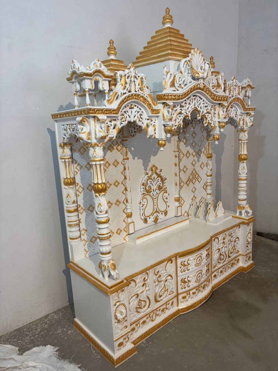 8 Feet Handcrafted Pooja Mandir with Storage | White & Golden Finish - Mandir Bazaar8 Feet Handcrafted Pooja Mandir with Storage | White & Golden FinishWooden Temple For Home