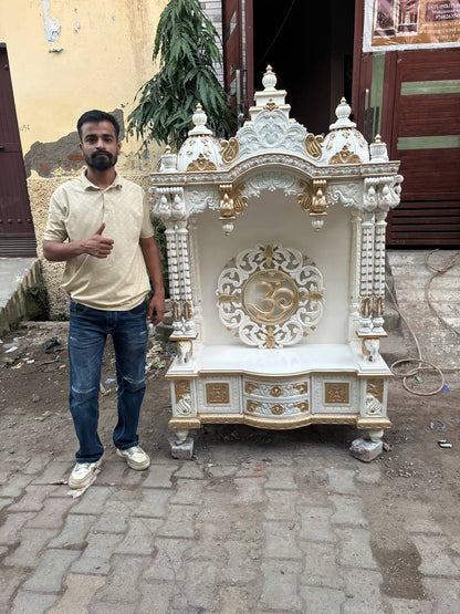 Handcrafted Wooden Temple – White & Gold Finish | Large Floor-Standing Pooja Mandir for Home