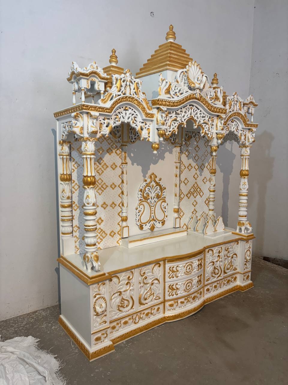 8 Feet Handcrafted Pooja Mandir with Storage | White & Golden Finish - Mandir Bazaar8 Feet Handcrafted Pooja Mandir with Storage | White & Golden FinishWooden Temple For Home