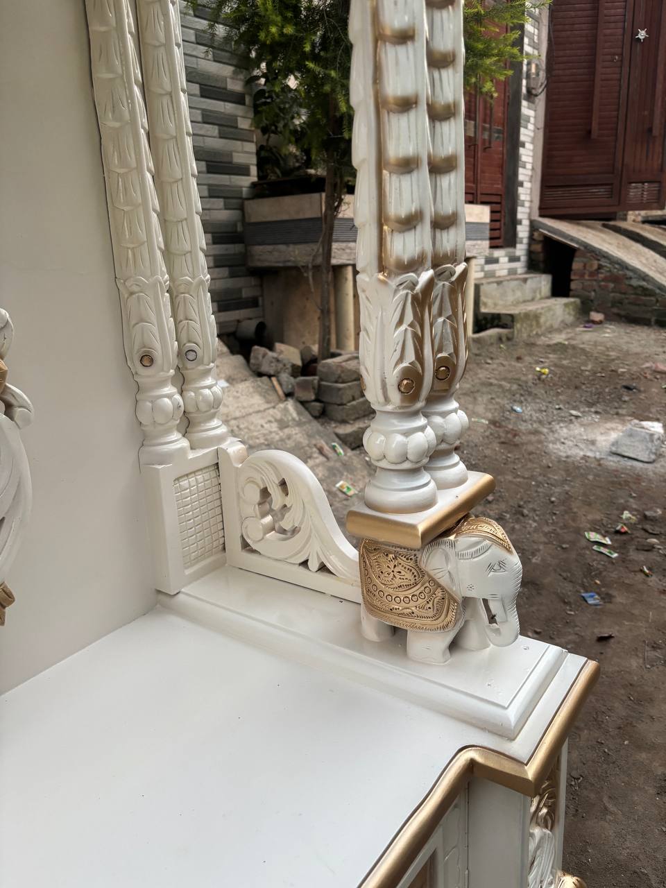 Handcrafted Wooden Temple – White & Gold Finish | Large Floor-Standing Pooja Mandir for Home