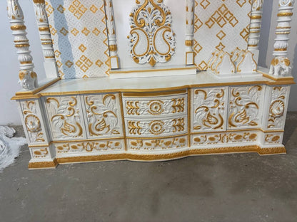 8 Feet Handcrafted Pooja Mandir with Storage | White & Golden Finish - Mandir Bazaar8 Feet Handcrafted Pooja Mandir with Storage | White & Golden FinishWooden Temple For Home