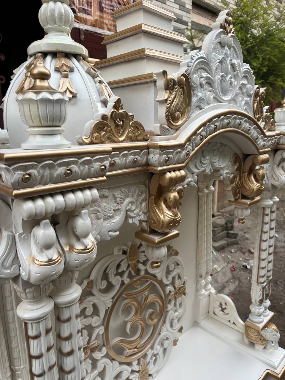 Handcrafted Wooden Temple – White & Gold Finish | Large Floor-Standing Pooja Mandir for Home