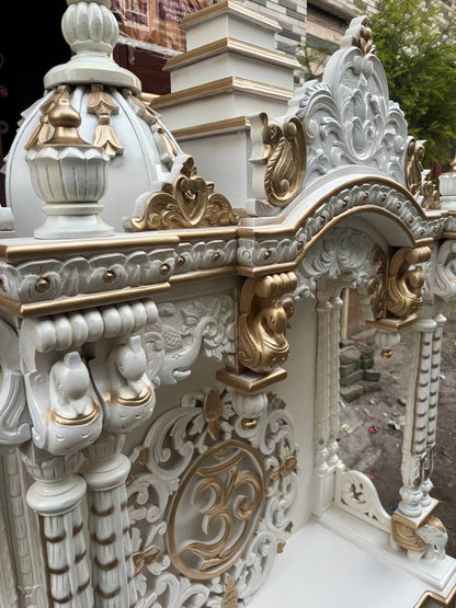 Handcrafted Wooden Temple – White & Gold Finish | Large Floor-Standing Pooja Mandir for Home