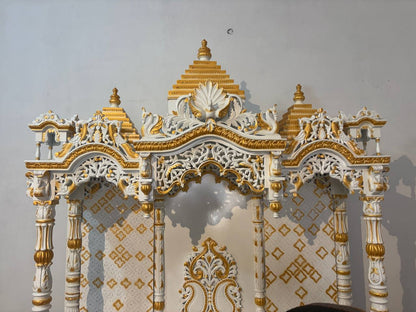 8 Feet Handcrafted Pooja Mandir with Storage | White & Golden Finish - Mandir Bazaar8 Feet Handcrafted Pooja Mandir with Storage | White & Golden FinishWooden Temple For Home