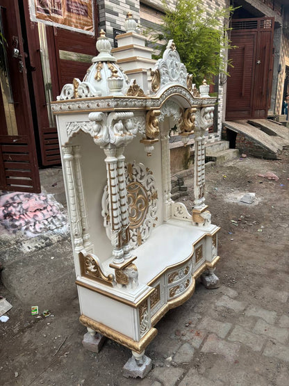 Handcrafted Wooden Temple – White & Gold Finish | Large Floor-Standing Pooja Mandir for Home