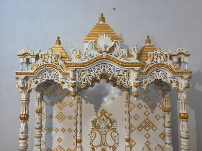 8 Feet Handcrafted Pooja Mandir with Storage | White & Golden Finish - Mandir Bazaar8 Feet Handcrafted Pooja Mandir with Storage | White & Golden FinishWooden Temple For Home