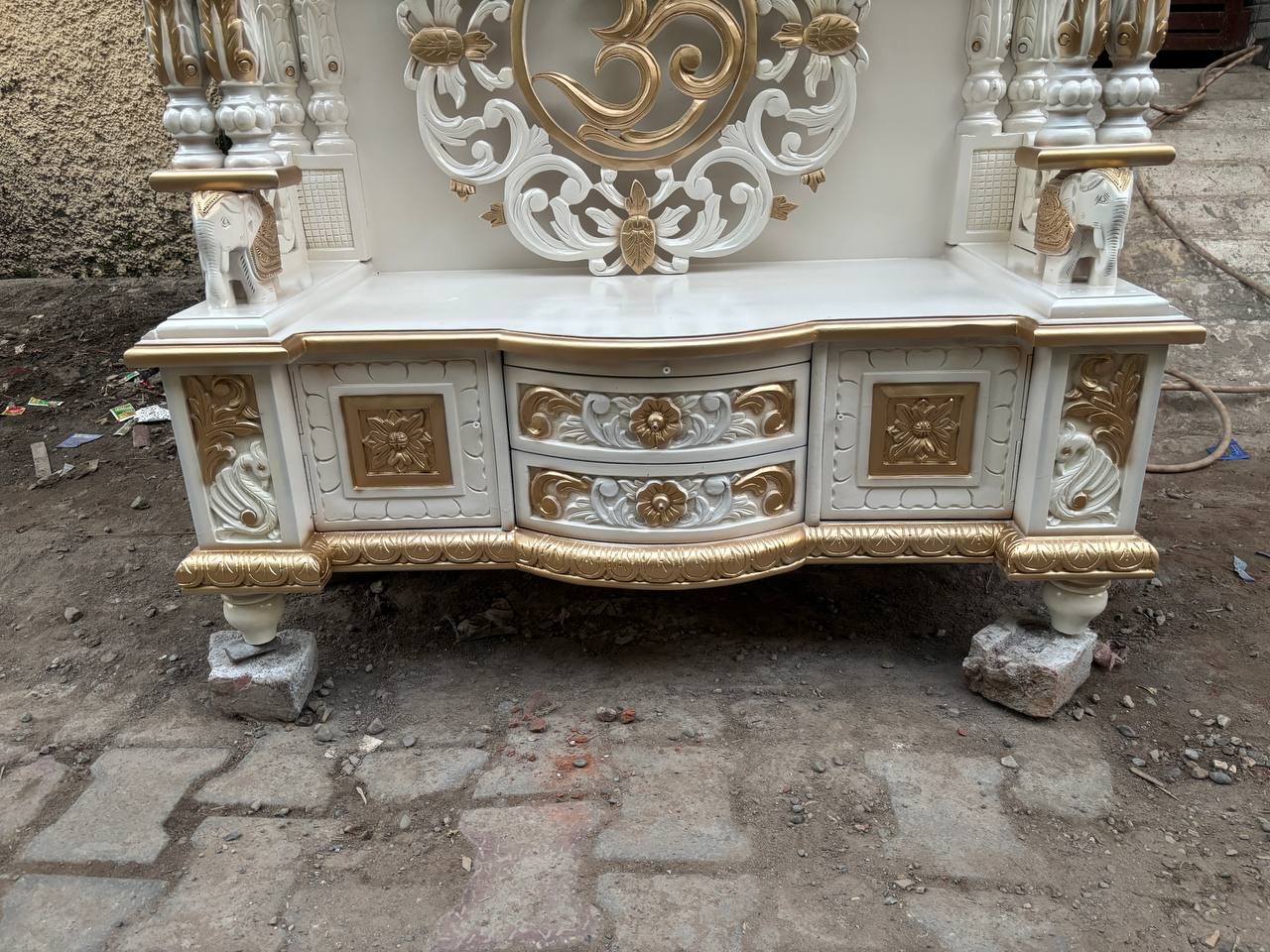 Handcrafted Wooden Temple – White & Gold Finish | Large Floor-Standing Pooja Mandir for Home