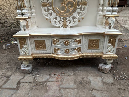 Handcrafted Wooden Temple – White & Gold Finish | Large Floor-Standing Pooja Mandir for Home