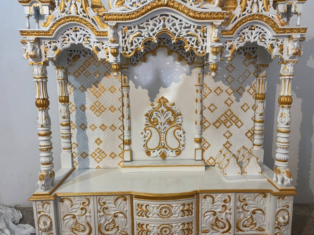 8 Feet Handcrafted Pooja Mandir with Storage | White & Golden Finish - Mandir Bazaar8 Feet Handcrafted Pooja Mandir with Storage | White & Golden FinishWooden Temple For Home