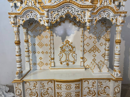 8 Feet Handcrafted Pooja Mandir with Storage | White & Golden Finish - Mandir Bazaar8 Feet Handcrafted Pooja Mandir with Storage | White & Golden FinishWooden Temple For Home