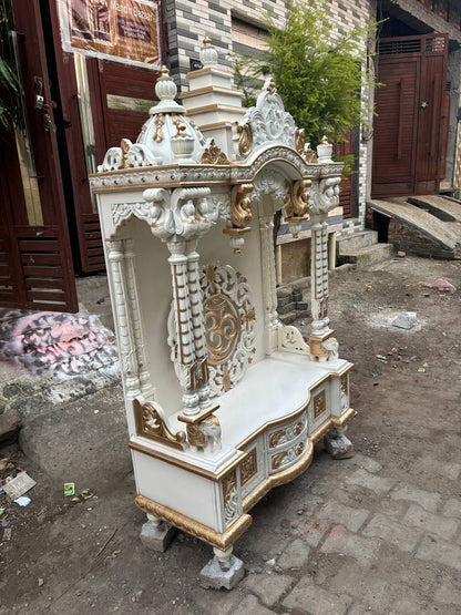 Handcrafted Wooden Temple – White & Gold Finish | Large Floor-Standing Pooja Mandir for Home