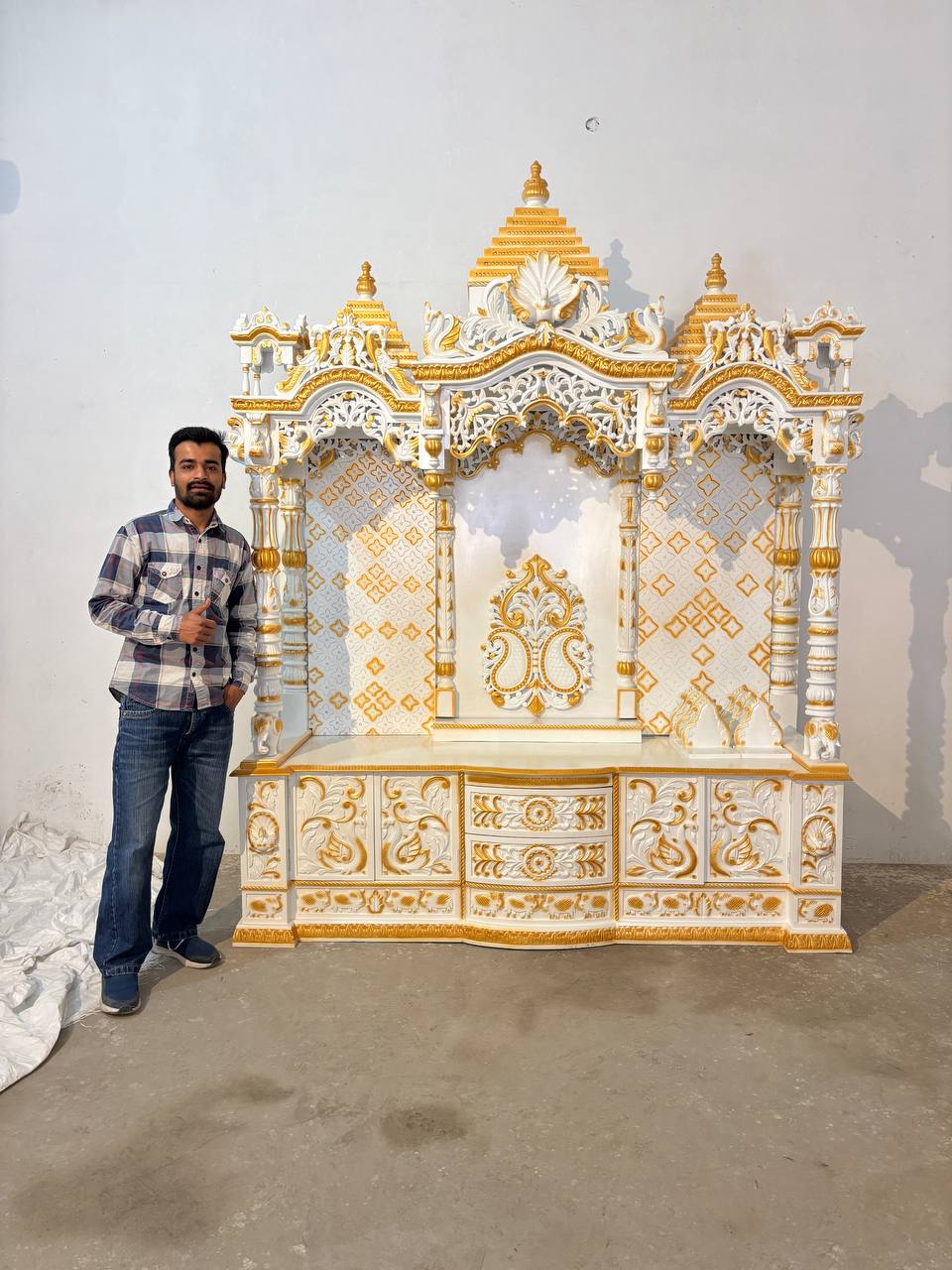 8 Feet Handcrafted Pooja Mandir with Storage | White & Golden Finish - Mandir Bazaar8 Feet Handcrafted Pooja Mandir with Storage | White & Golden FinishWooden Temple For Home