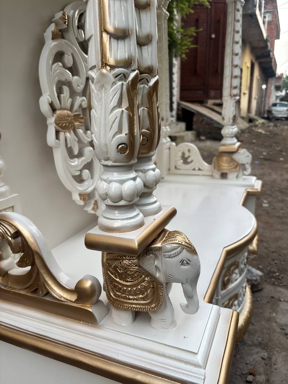 Handcrafted Wooden Temple – White & Gold Finish | Large Floor-Standing Pooja Mandir for Home