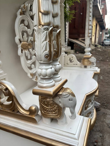 Handcrafted Wooden Temple – White & Gold Finish | Large Floor-Standing Pooja Mandir for Home