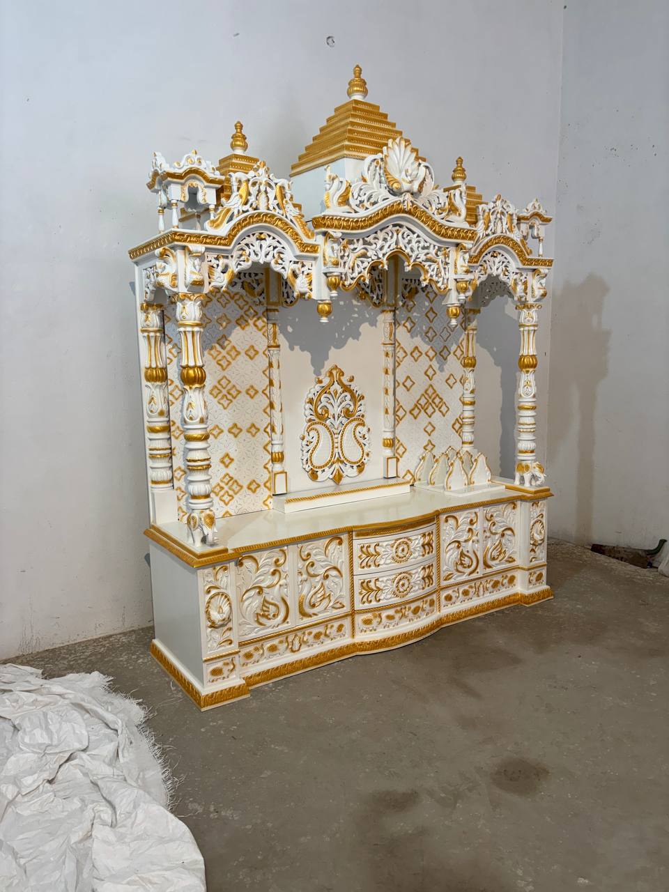 8 Feet Handcrafted Pooja Mandir with Storage | White & Golden Finish - Mandir Bazaar8 Feet Handcrafted Pooja Mandir with Storage | White & Golden FinishWooden Temple For Home